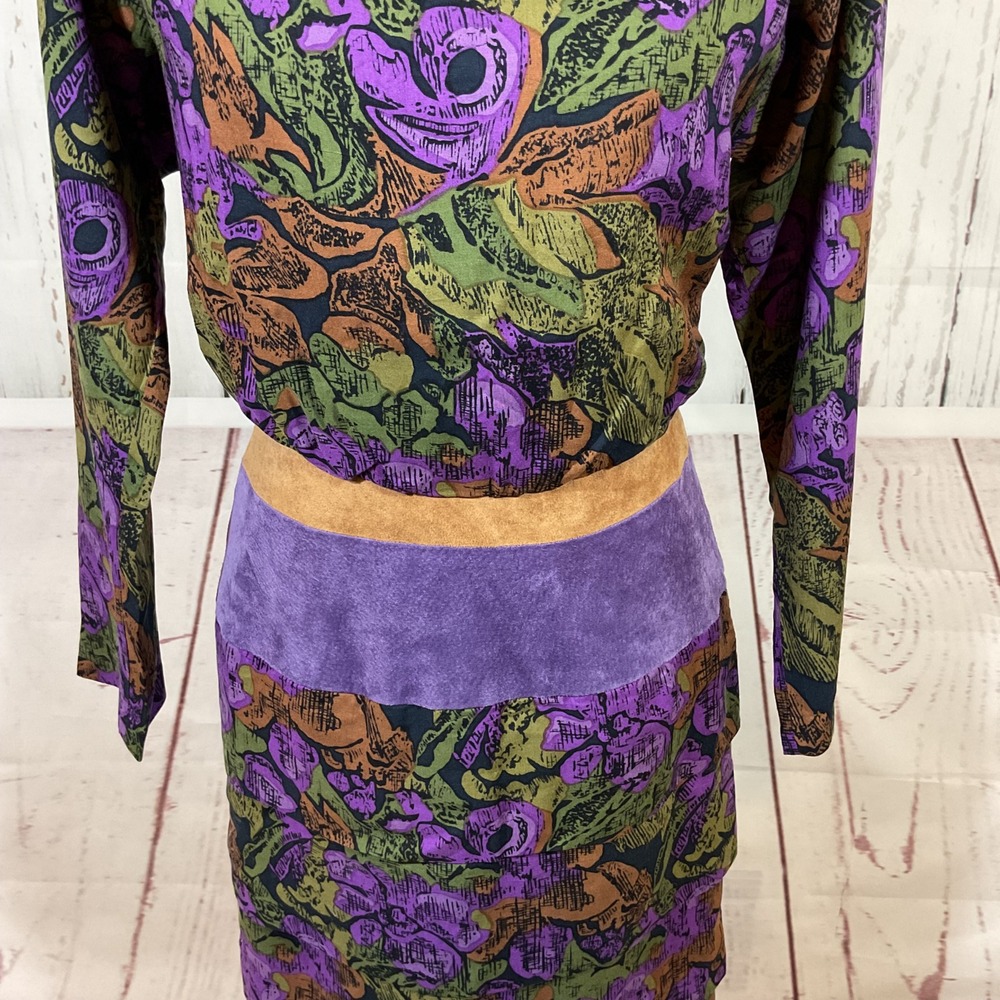 Vintage Act I New York Dress 7/8 Floral Print Blouson Suede Waist Tiered Modest - Picture 3 of 16